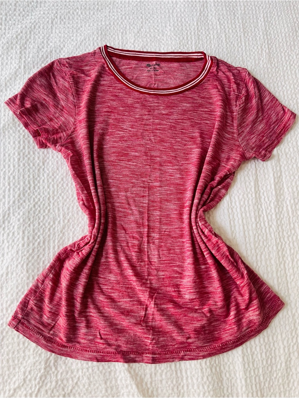 Madewell Heathered Raspberry Short Sleeve Tee with Striped Neckline
